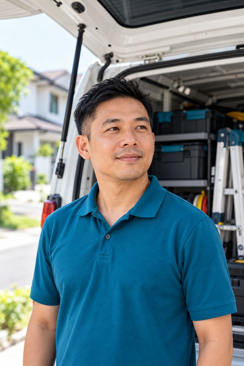 Wei Jie Tan, co-founder of Embun Aircon, standing at the back of the company van