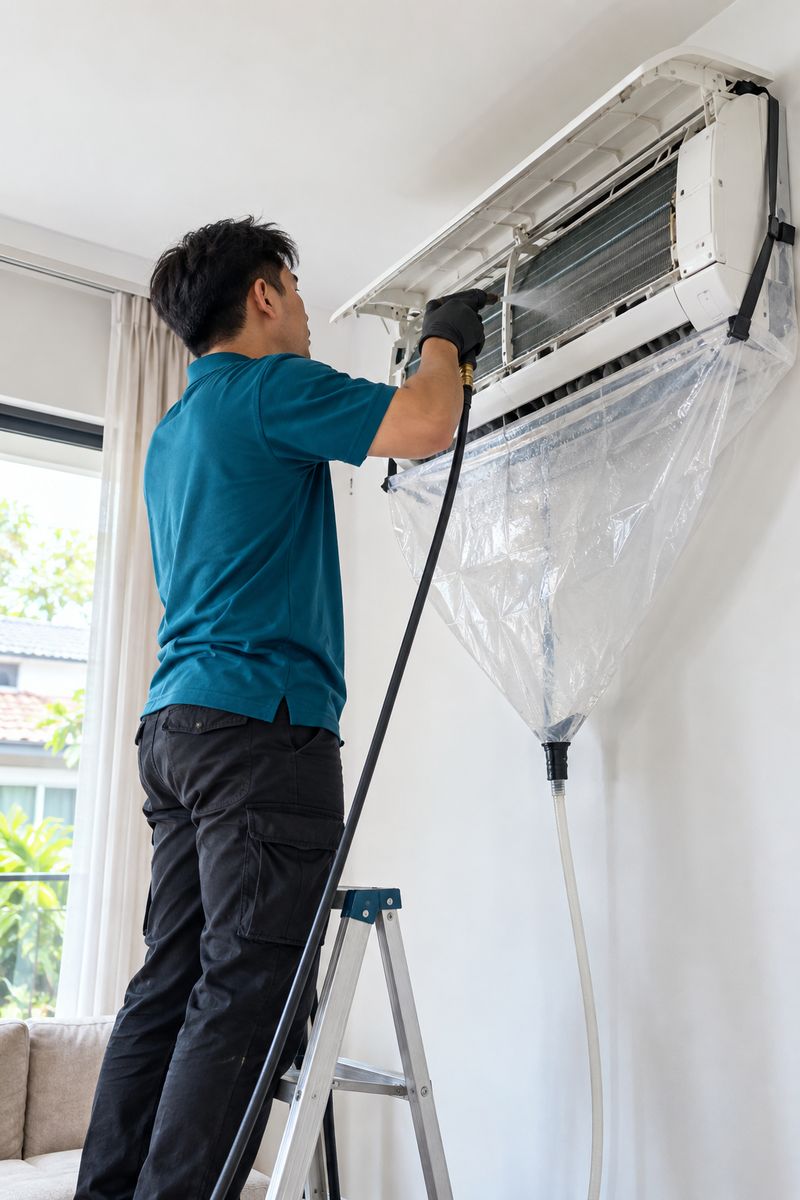 Embun technician on a step ladder spraying the coil of a wall-mounted aircon unit, with a cleaning bag fitted underneath