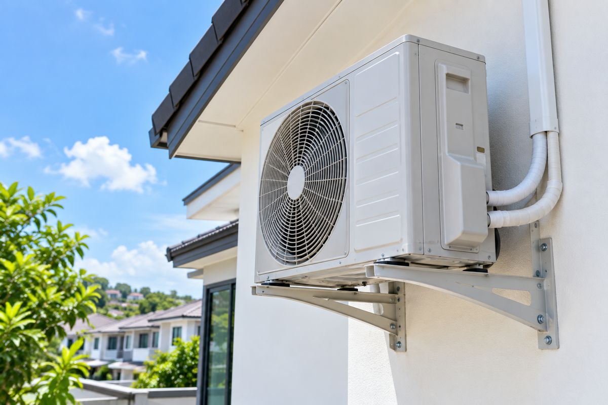 Outdoor aircon unit mounted on a wall bracket with neatly insulated copper pipes