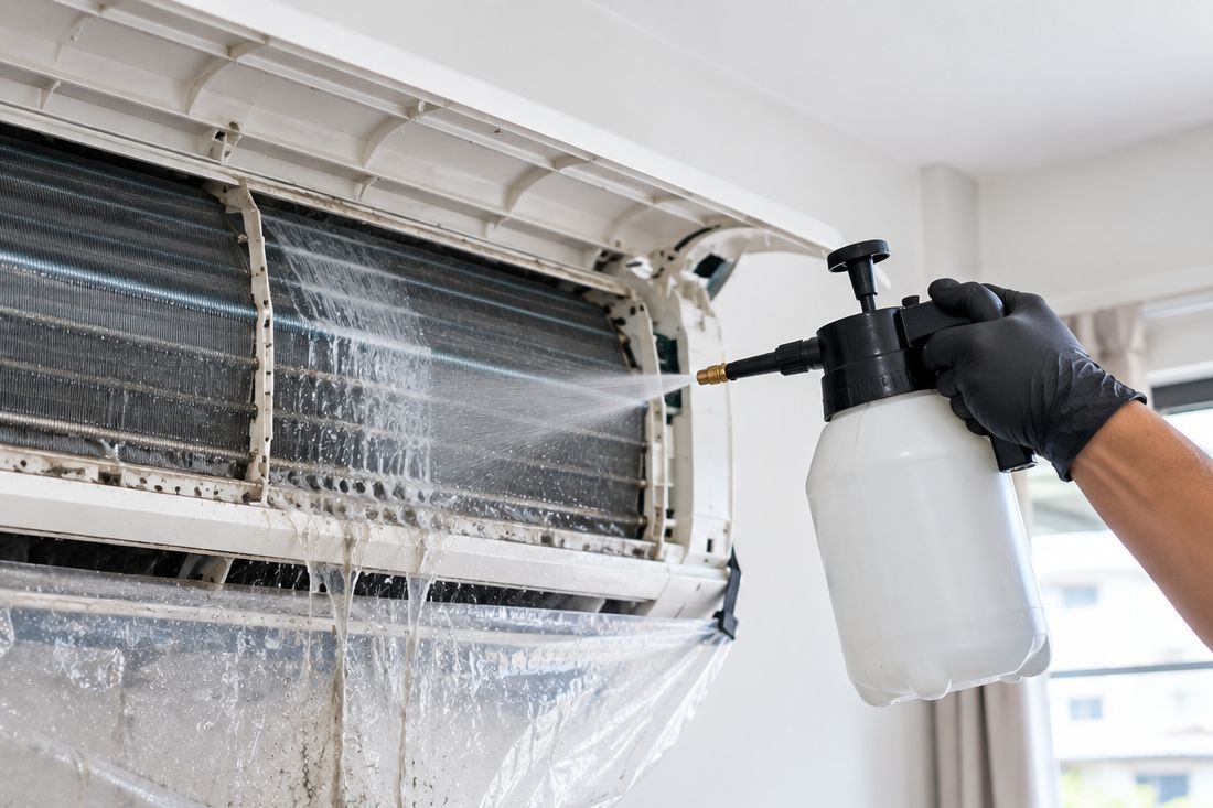 Technician spraying the coil of an open wall unit, with a clear cleaning bag fitted underneath to catch the water